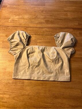 7 for All Mankind Cream Color Puff-Sleeve Faux Leather Crop Top - Women's
